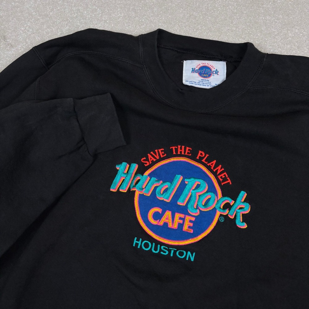 Vtg Hard Rock Cafe Houston‎ Sweatshirt Pullover Save Planet Black Medium USA
